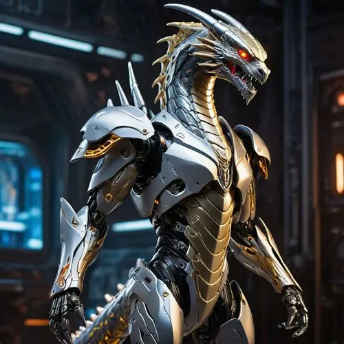 A futuristic bionic character resembling a humanoid dragon, standing on two feet. The character has a sleek, metallic body with dragon-like features, including scaled armor plating, claws, and a tail.