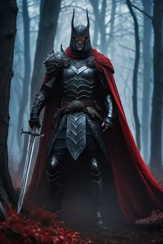 Dark fantasy, Hell Knight, male, muscular, 25yo, demonic red eyes, sharp facial features, black hair with red streaks, intricate armor, silver trim, red cape flowing behind, sword in hand, standing he