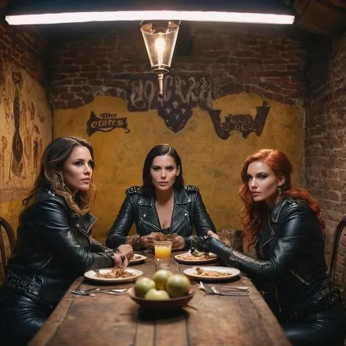 A dinner scene in a  biker bar in 2024. A simple bar back room room, simple style with posters of bikes and girls equiped. Three gorgeous biker women, elaborate in 2024 leather outfit aged between 24 