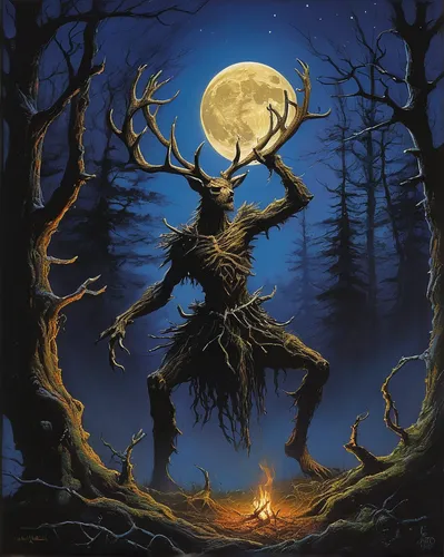 tree man,hag,pagan,trioceros,krampus,forest man,creepy tree,halloween poster,stag,haunted forest,tree crown,gnarled,paganism,primitive man,death's-head,woodsman,the roots of trees,tree die,glowing antlers,forest dark,Illustration,Realistic Fantasy,Realistic Fantasy 32