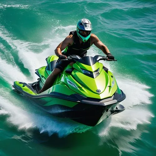 (High quality picture), ((HD clarity)), (Sunlight) A beautifully decorated green Jet ski for racing is running in the sea during the day.,jetski,jet ski,jetskis,watercraft,mastercraft,watersport,power