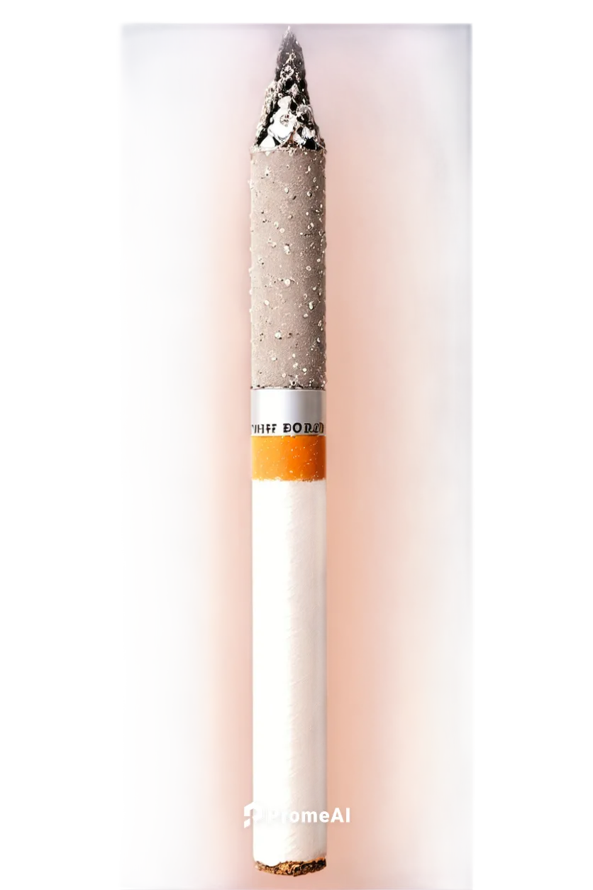 Cigarette, realistic, detailed texture, silver filter, white stick, burning tip, smoke rising, morning light, shallow depth of field, close-up shot, 45-degree angle, cinematic composition.,cao,rolled 