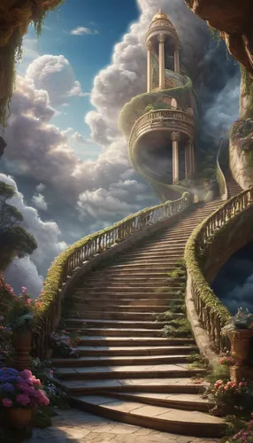 the mystical path,fantasy landscape,heaven gate,stairway to heaven,pathway,winding steps,fantasy picture,dragon bridge,gordon's steps,stairway,fantasy world,stone stairway,the path,the threshold of the house,3d fantasy,mushroom landscape,alice in wonderland,heavenly ladder,fantasy art,way of the roses,Photography,General,Natural