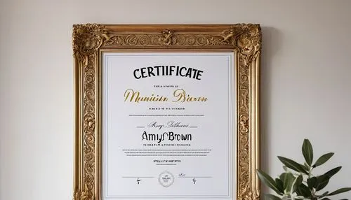 Certificate, golden frame, ornate details, embossed lettering, bold font, black ink, white paper, matte finish, hanging on wall, minimalist interior, modern villa, large windows, natural lighting, woo