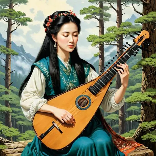 guqin,bouzouki,woman playing,rabab,gayageum,xueliang,Illustration,American Style,American Style 07