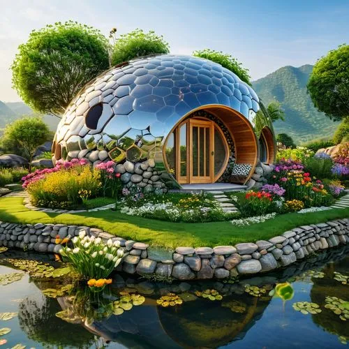 Bee house, small stone pond, balloon shape house, flowers are blooming,  steel structure house ,flower dome,bee-dome,mushroom landscape,round hut,eco hotel,eco-construction,musical dome,home landscape