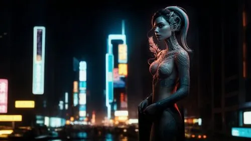 Añade de fondo una ciudad tipo Blade Runner,neon body painting,cyberpunk,metropolis,wonder woman city,valerian,catwoman,darth talon,symetra,neon human resources,cinematic,andromeda,digital compositing