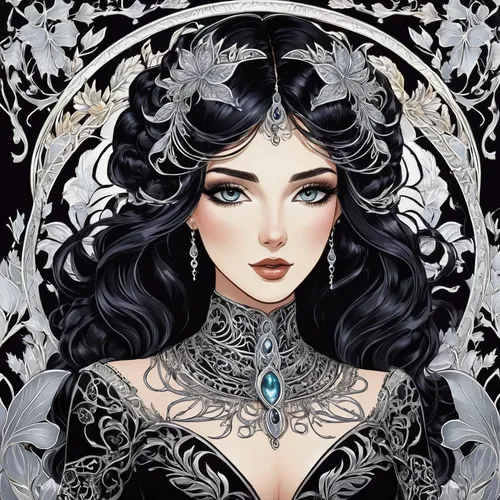 queen of the night,the snow queen,white rose snow queen,filigree,victorian lady,moonflower,fairy queen,the enchantress,fantasy portrait,snow white,lady of the night,sorceress,celtic queen,widow flower,crow queen,art nouveau,zodiac sign libra,ice queen,widow,jasmine blossom,Illustration,Retro,Retro 13