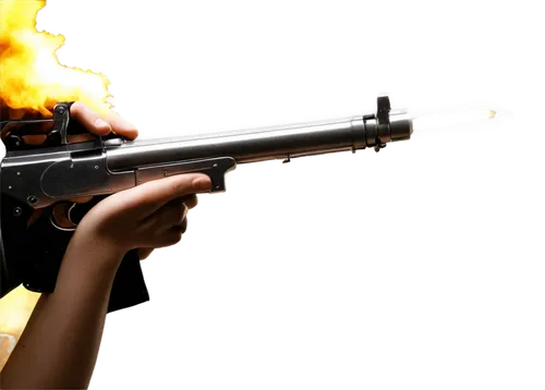 Gunshot sound effect, close-up, metallic texture, chrome finish, smoke emission, muzzle flash, bullet casing ejection, realistic lighting, high-contrast, dramatic composition, shallow depth of field, 