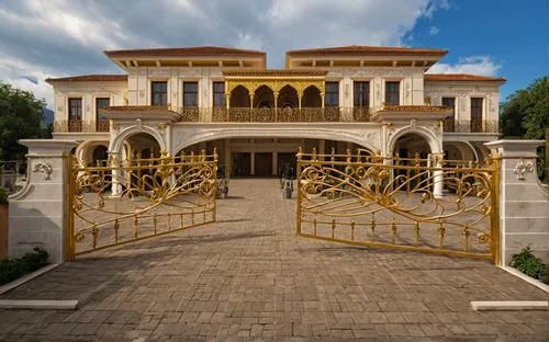 an elaborately designed house with two gates,istana,mansion,hala sultan tekke,belek,grand master's palace,gold castle,Photography,General,Realistic