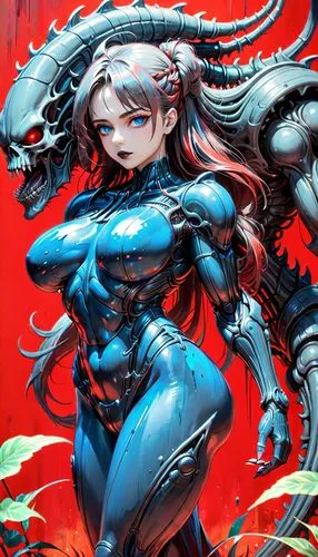 medusa,venom,cyborg,alien warrior,sci fiction illustration,medusa gorgon,amano,cayenne,fantasy woman,biomechanical,widowmaker,valerian,female warrior,andromeda,cybernetics,red blue wallpaper,cg artwork,sci fi,fantasy art,scorpio,Anime,Anime,Realistic