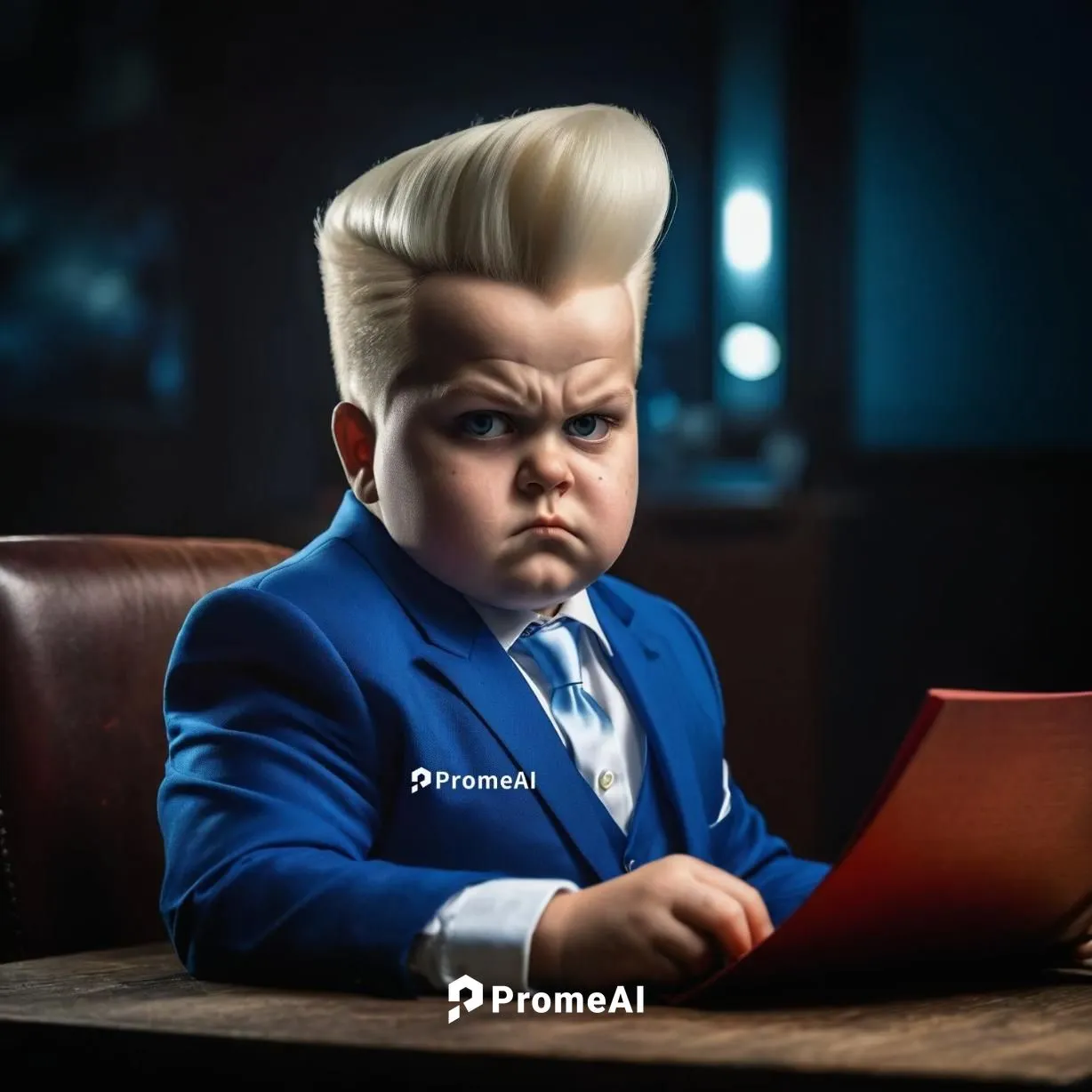 Young boy sitting at a wooden desk with a red book in a dark room doing business ,a little boy is sitting down and looking sad,eraserhead,syndrome,cybersitter,megaupload,hornswoggle,linkedin icon