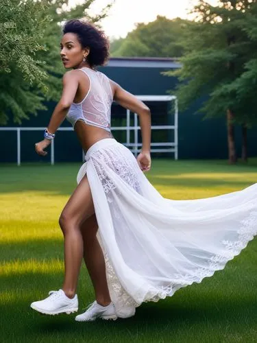 This lady is running across a soccer pitch.,a woman in white clothing is running on grass,kangana,kangna,priyanka,rajakumari,sonakshi,deepika padukone