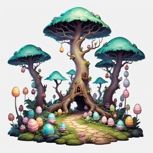 mushroom landscape,mushroom island,tree mushroom,fairy forest,fairy village,fairy house,Illustration,Abstract Fantasy,Abstract Fantasy 11