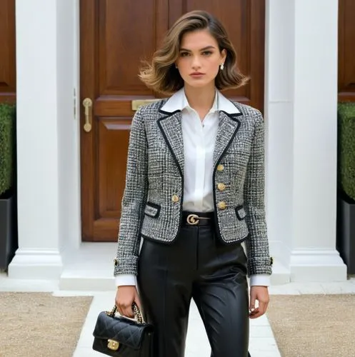 beautiful boy,the woman is wearing a tweed jacket and black pants,burberry,dior,woman in menswear,vuitton,blazer,pantsuit,Photography,Fashion Photography,Fashion Photography 11