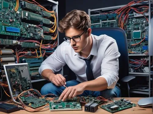 Modern digital design, Harris computer architecture, futuristic laboratory, male engineer, 30s, short brown hair, black rimmed glasses, white shirt, dark blue jeans, sneakers, leaning over, examining 