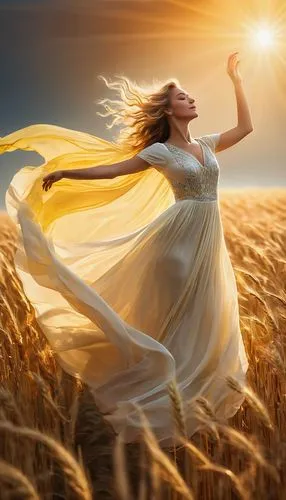 a beautiful woman standing in a wheat field,lughnasadh,little girl in wind,chamomile in wheat field,sundancer,gracefulness,wheat field,Conceptual Art,Fantasy,Fantasy 02