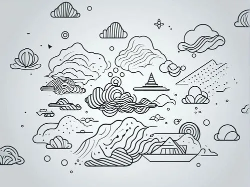 a black and white drawing of clouds and land,paper clouds,background vector,cloud mountain,cloud mountains,raincloud,cloud play,Illustration,Black and White,Black and White 04