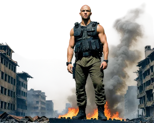 Warrior, muscular man, intense facial expression, scar above eyebrow, shaved head, camouflage uniform, bulletproof vest, combat boots, holding rifle, standing in ruin, destroyed cityscape background, 