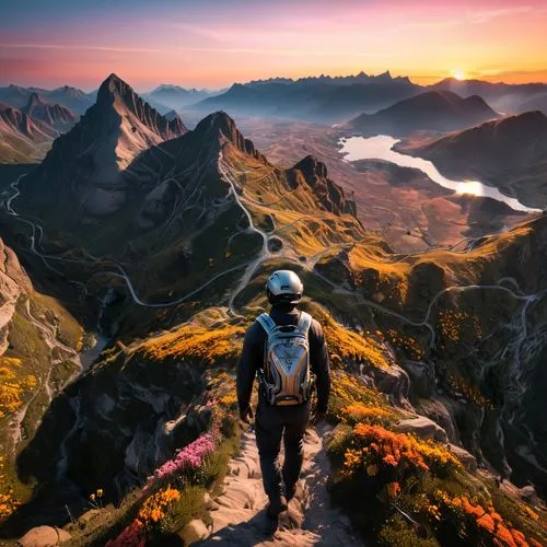 mountain guide,alpine crossing,mountain sunrise,mountain hiking,paraglider sunset,hiking equipment,alpine sunset,high-altitude mountain tour,high alps,landscape background,mountain world,hiker,backpacking,alpine route,the wanderer,wanderer,nepal,autumn mountains,digital nomads,mountain paraglider,Photography,General,Sci-Fi