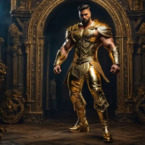 the most insanely handsome god imaginable, wearing gold metal pants, gold metal vest and gold metal boots, with powerful muscles, ,heroico,thorbjorn,asgardian,dhritarashtra,goldfaden,cent,rhodian,glad