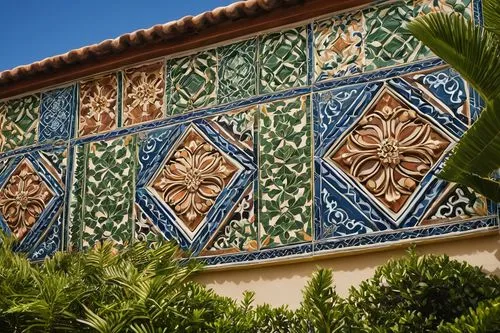 ornate architectural tiles, ceramic material, geometric patterns, intricate designs, Mediterranean style, warm earthy tones, textured surface, reflective glossy finish, installed on a grand villa's ex