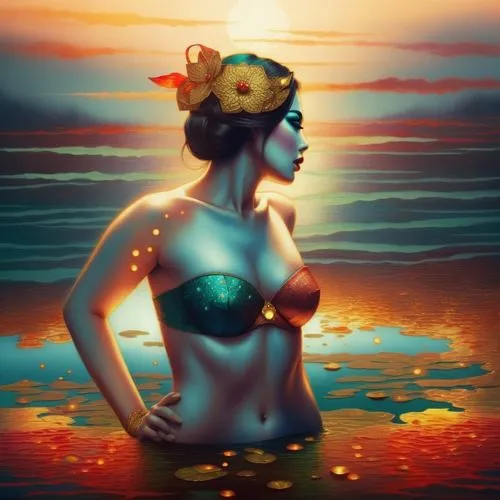 An amazing nude japanese young woman  with red lips and green eyes,a woman in a bikini with gold headpiece standing on the water,oshun,summer crown,amphitrite,yellow sun hat,baoshun,the sea maid,Illus