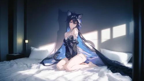 Big bed, screen cloth,blue pillow,kitsune,winterblueher,nightgown,blue room,stocking,rem in arabian nights,cat in bed,m4a4,gentiana,bed,azure,blu,m4a1,fennec,bed sheet,cat ears,nightwear,mixiote,nyan