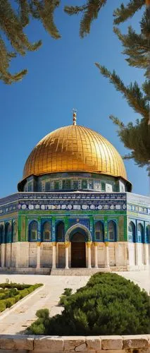 Dome of the Rock, Islamic architecture, Jerusalem, golden dome, intricate arabesque patterns, white marble, ornate columns, arches, mosaic tiles, vibrant blue, green, and gold accents, sacred geometry