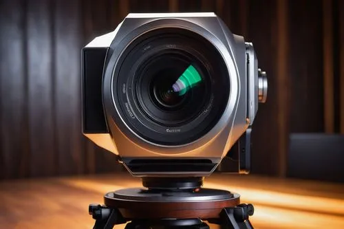 Futuristic camera, sleek metallic body, angular lines, silver accents, LED lights, rotating lens, adjustable tripod, modern studio, minimalist background, wooden floor, abstract geometric shapes, warm