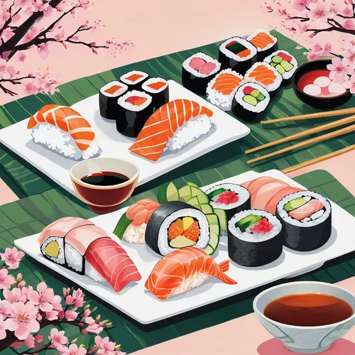 sushi set,sushi plate,sushi japan,sushi roll images,japanese cuisine,sushi art,sashimi,sushi,japanese food,japanese meal,salmon roll,sushi rolls,kawaii food,japanese restaurant,sea foods,sushi boat,nigiri,asian cuisine,dinnerware set,raw fish,Illustration,Japanese style,Japanese Style 06