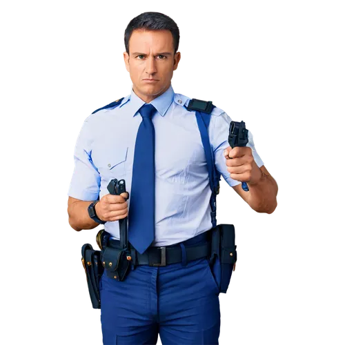 Male police officer, middle-aged, muscular build, serious expression, blue uniform, golden badges, white shirt, black tie, black belt, handcuffs on waist, gun holster, standing pose, confident posture