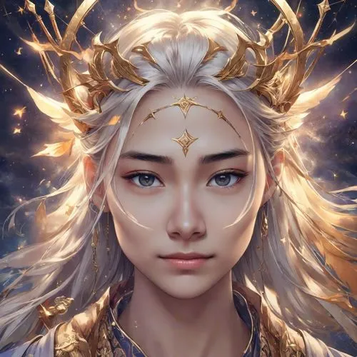 a person wearing an intricate gold head piece,xufeng,yuhuan,zodiac sign libra,rongfeng,golden crown,thranduil