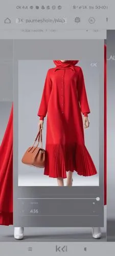 3d fashion drawing of women red dress fashion Muslim hijab with the pelisee and pleats on the end of dress with red dress with four bottoms in the chest by 4k,an image of a woman in red dress,ibook,fa