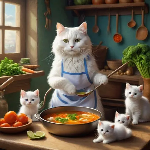 chef,tzatziki,ratatouille,masterchef,cat family,caterer,Illustration,Realistic Fantasy,Realistic Fantasy 26