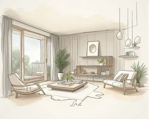 Create a sketch of a modern residential interior design. The space should feature an open-plan layout with a minimalist aesthetic, soft neutral colors, and natural materials like wood and stone. Inclu