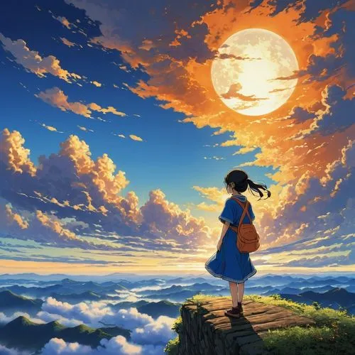 cielo,moon and star background,studio ghibli,sky,blue sky clouds,ghibli,dreamscape,blue sky and clouds,dream world,blue moon,blue moon rose,moonrise,cloudstreet,moon,miyazaki,blue sky,lunar,dreamscapes,moon in the clouds,hanging moon,Illustration,Japanese style,Japanese Style 05