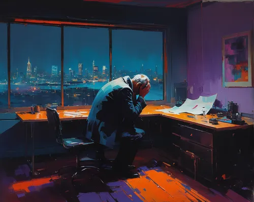 cyberpunk,man with a computer,night administrator,study room,blue room,study,overworked,man praying,blue hour,nighttime,thunderstorm mood,night scene,to be alone,blue rain,world digital painting,solitude,would a background,melancholy,slum,novelist,Conceptual Art,Sci-Fi,Sci-Fi 22