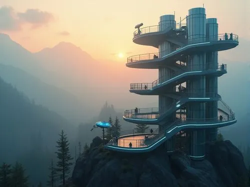 sky apartment,futuristic landscape,futuristic architecture,residential tower,arcology,bird tower,observation tower,lookout tower,tigers nest,cubic house,modern architecture,apartment block,skyscraper,treehouse,treehouses,skyscraper town,steel tower,sky space concept,tree house,animal tower,Photography,General,Realistic