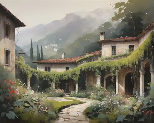 Naturalist architecture, grand villa, curved lines, rustic stone walls, wooden accents, lush greenery, overgrown vines, blooming flowers, tranquil atmosphere, soft morning light, misty surroundings, d