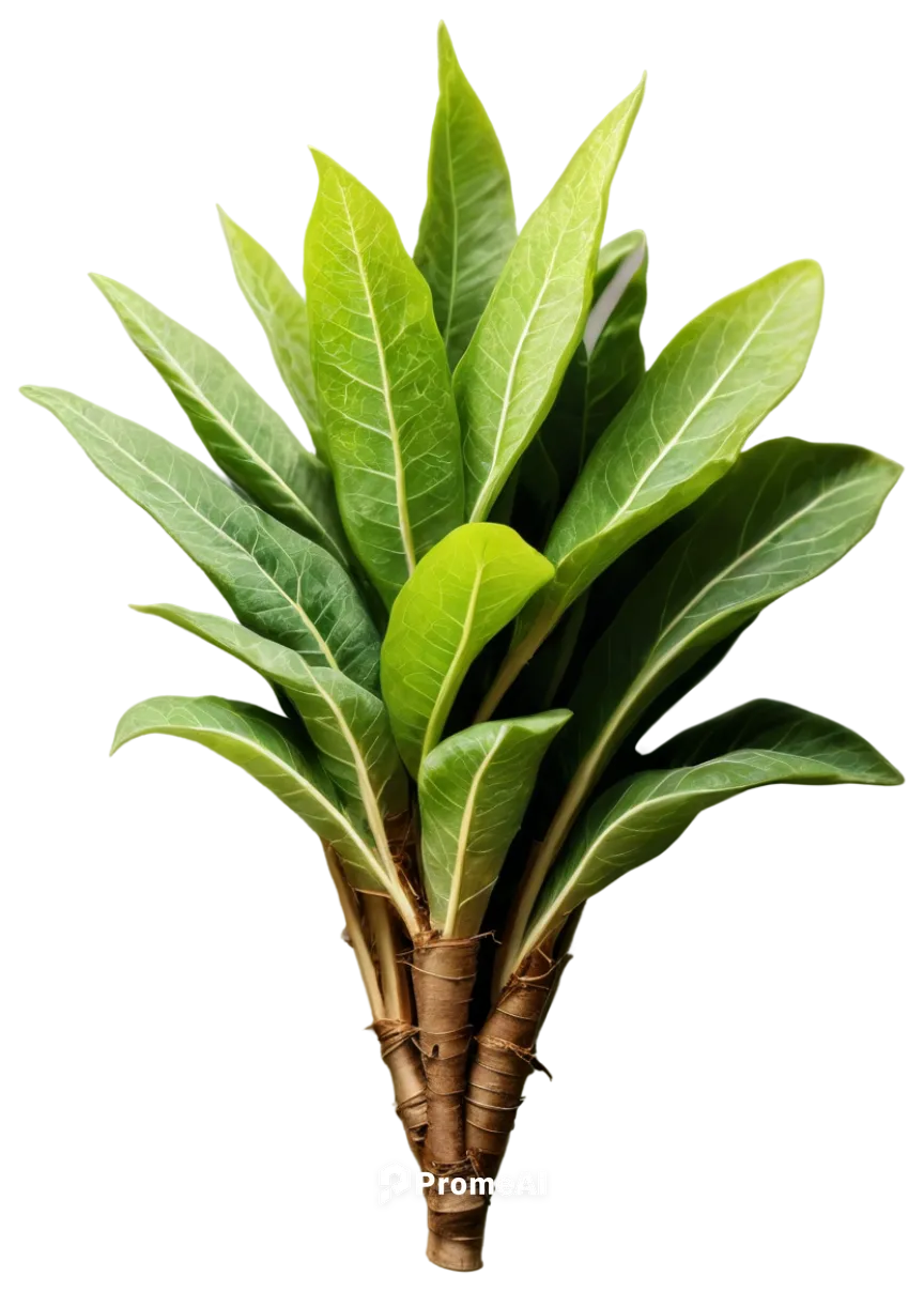 Mountain Yam, Japanese mountain vegetable, brown skin, green stem, leafy greens, rough texture, natural setting, close-up shot, shallow depth of field, warm color tone, soft lighting, 3/4 composition,