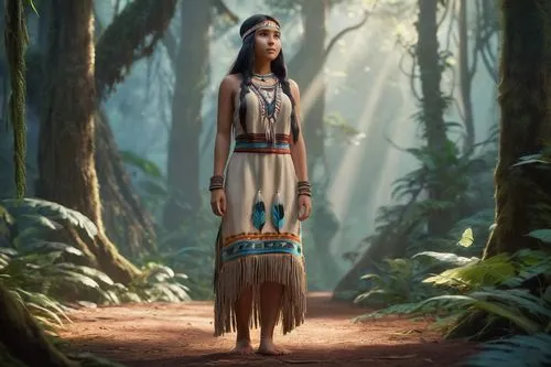 Native American girl, Sarah Rainmaker, 18yo, long dark hair, feathered headband, traditional tribal clothing, fringe dress, beaded necklace, barefoot, standing, misty rainforest, giant trees, vines, f