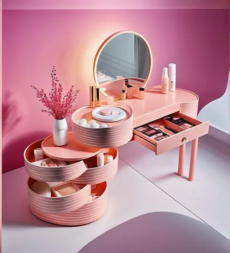 dressing table,gold-pink earthy colors,beauty room,cosmetics counter,dinnerware set,set table,makeup mirror,plate shelf,dining table,tableware,tablescape,table and chair,women's cosmetics,pink round frames,table arrangement,toilet table,copper cookware,sweet table,serveware,dishware,Photography,General,Realistic