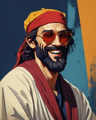 A stylized portrait of a character with exaggerated facial features: a tall forehead, small yellow-framed sunglasses with red-tinted lenses, and a wide mouth with a menacing grin showing teeth. The fi