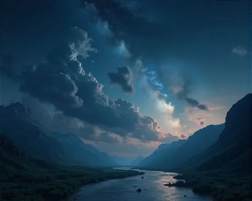 fantasy picture,baltistan,dark blue sky,fantasy landscape,the alps,high alps