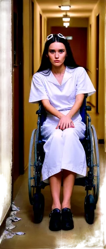 Creepy atmosphere, abandoned asylum setting, dimly lit corridor, broken wheelchairs, old hospital equipment, eerie sounds, ghostly figure in background, worn-out shoes, tattered nurse uniform, pale sk