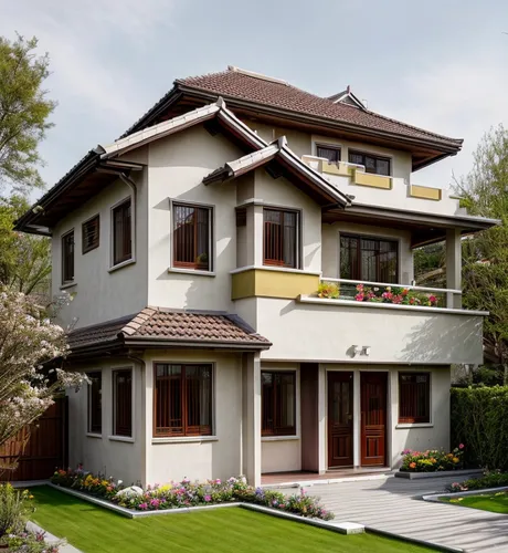 Colcolate colour roof, light  yellow colour wall and house body,  flowers are blooming in garden,exterior decoration,two story house,residential house,wooden house,garden elevation,traditional house,h