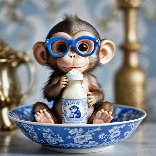 Looking straight into the camera, a surreal newborn monkey in a blue and white toile de jouy bowl, sitting sideways showing off its little feet, wearing large designer diamond glasses, blowing a kiss 