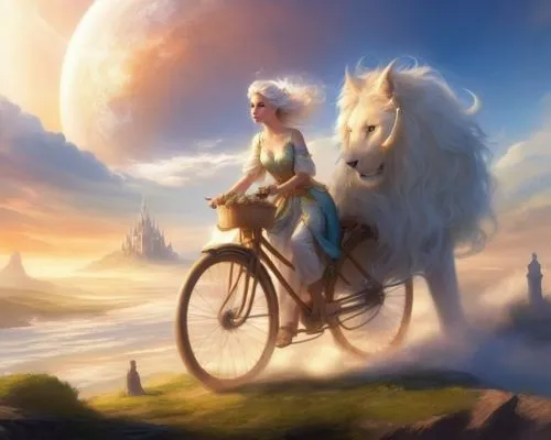 fantasy picture,woman bicycle,bicycle ride,unicorn background,bicycling,fantasy art,pegasi,tuatha,bicyclist,bicycle,cycling,cycliste,bicyclette,bicycle riding,epona,bike ride,mythologie,bike rider,hor