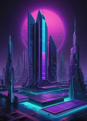 futuristic landscape,cybercity,cybertown,cyberport,cyberia,cyberworld,vanu,synth,monoliths,mainframes,metropolis,futuristic,fantasy city,arcology,cityscape,futurist,areopolis,tron,silico,futuristic architecture,Illustration,Children,Children 01